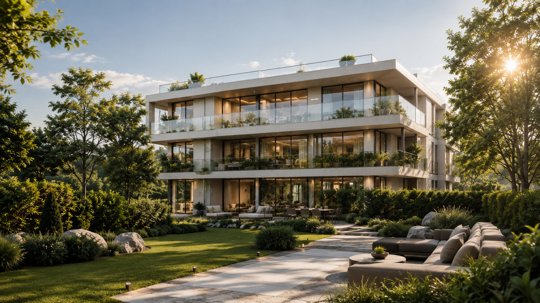 Edificio residencial de tres plantas rodeado de jardín al atardecer