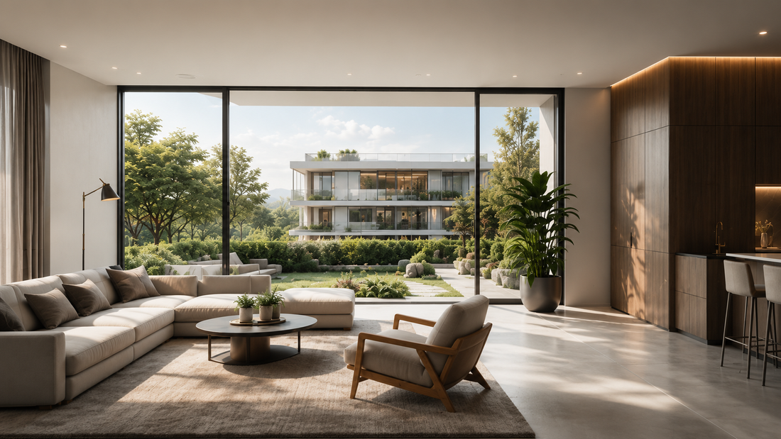 Salón de un piso de obra nueva abierto al jardín