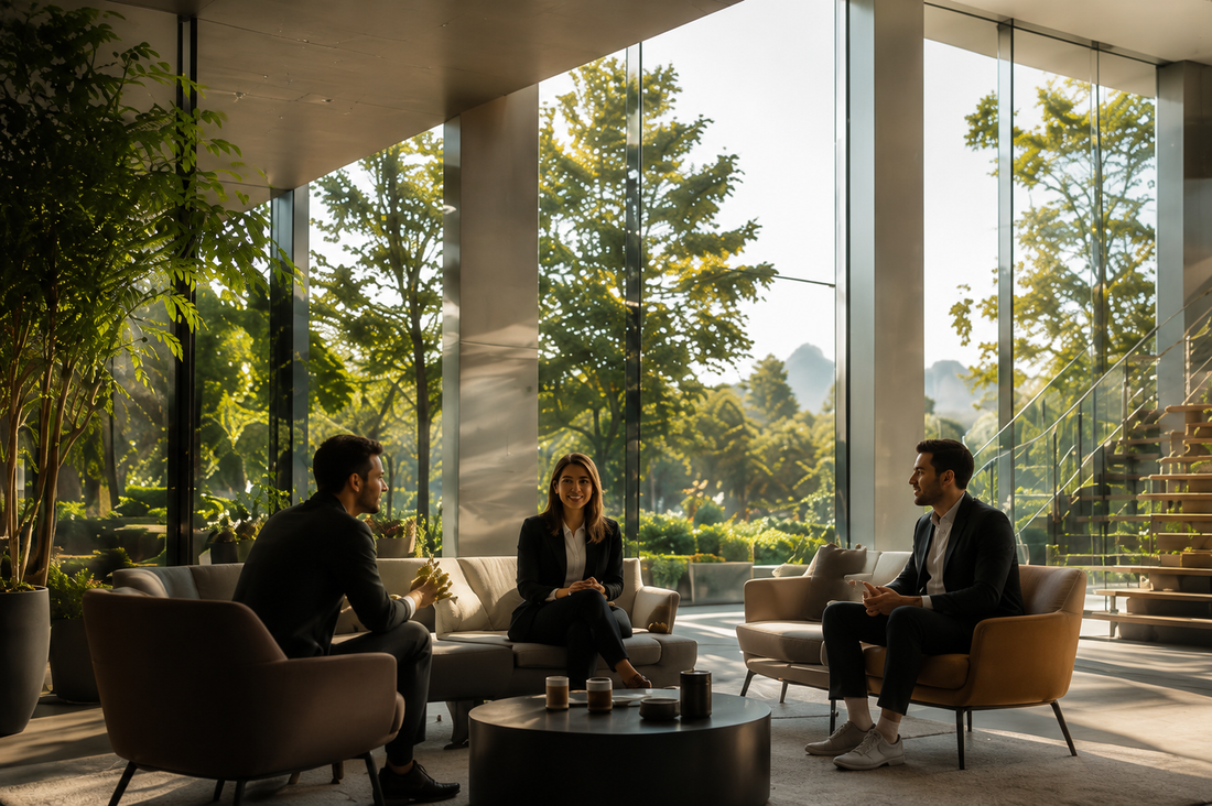 Sesión de consultoría con un equipo cliente en un lounge acristalado