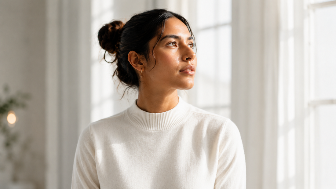 Empresaria mirando por la ventana luminosa de su oficina