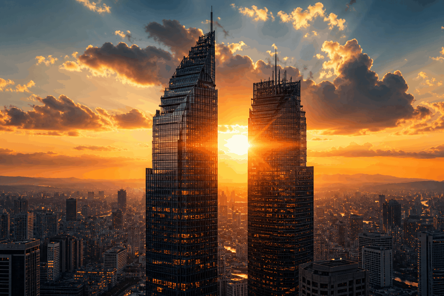 Torres corporativas al atardecer